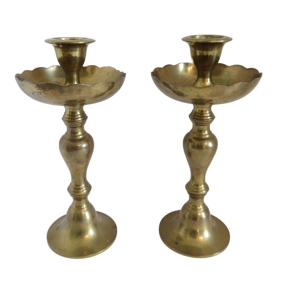 Vintage Solid Brass Scalloped Bobeche‎ Taper Candlestick Holders Pair 8.5 Inch